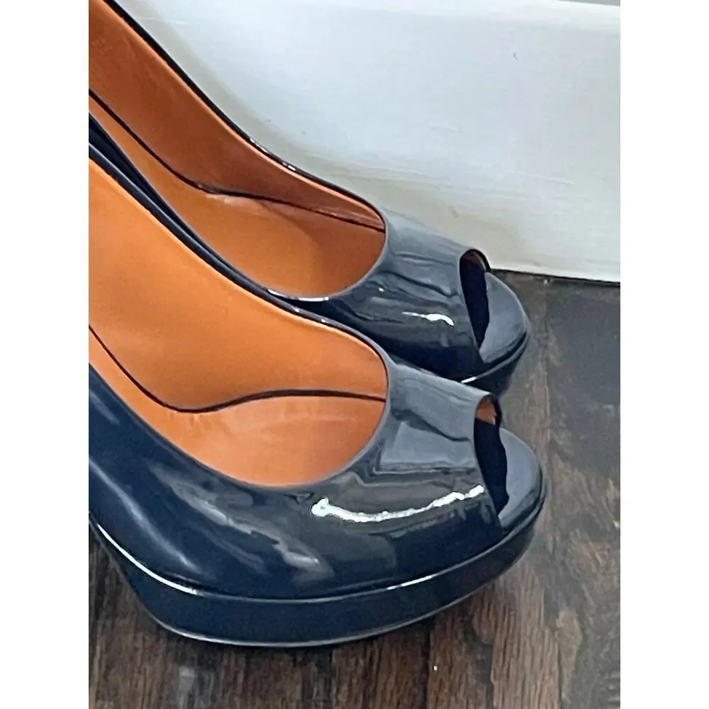Gucci Navy Patent Leather Peep Toe Platform Pumps EU36 US6 Italy